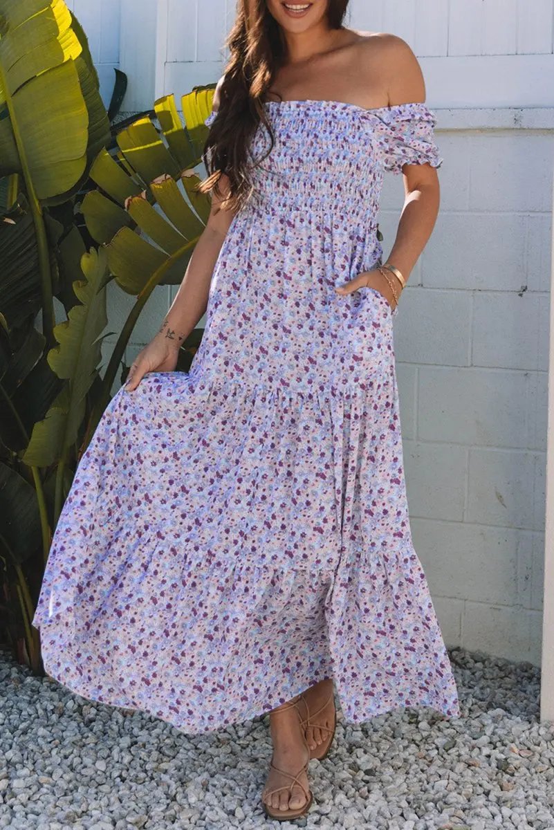 Purple Floral Short Bubble Sleeve Shirred High Waist Maxi Dress - Love Salve